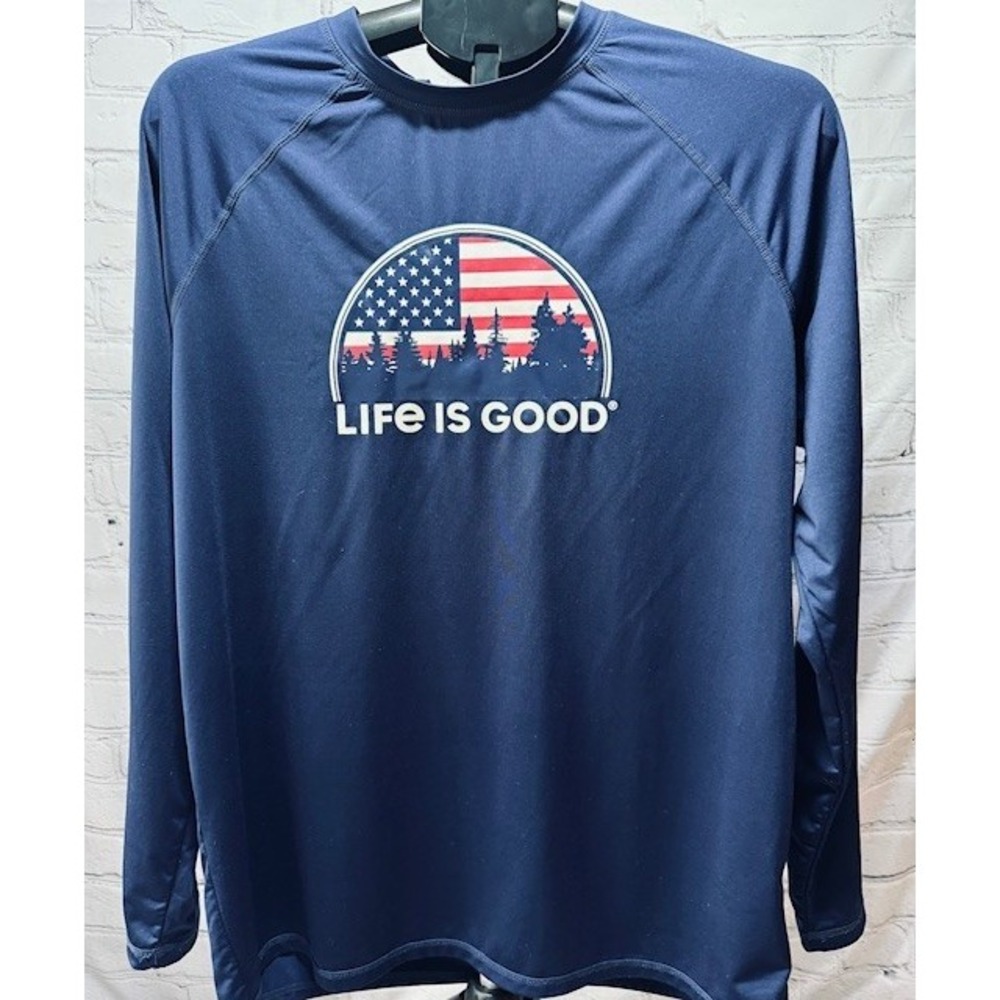 Life Is Good Blue USA Flag Trees Lightweight Long Sleeve Polyester Shirt MED - Picture 9 of 10